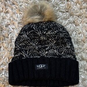 UGG Black and Gray Knit Beanie with Pom